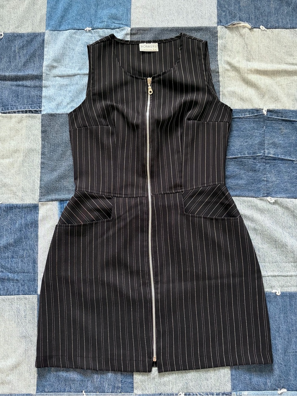 VINTAGE Pin striped dress black full zip Bonkers clothing co. fits size L